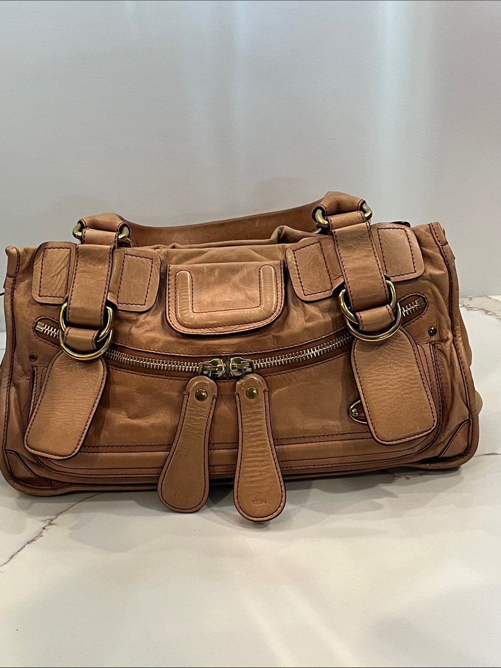 Chloe Leather Camel Shoulder Bag with Double Buckle Detail. Made in Italy. Roomy